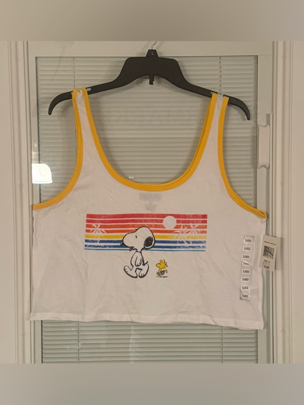 NWT Peanuts Retro Snoopy Woodstock Cropped Tank Top Tee White Yellow XL Juniors